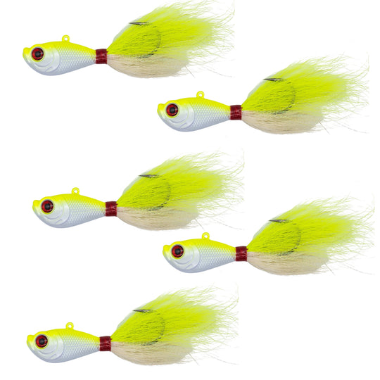 Intent Tackle Pro Series Bucktail Jig Saltwater Fishing Lure, Fishing Jigs, Hand-Tied Deer Hair, Saltwater Jigs, Super Sharp Mustad Hooks, Fluke Fishing Lures, (5 Pack)
